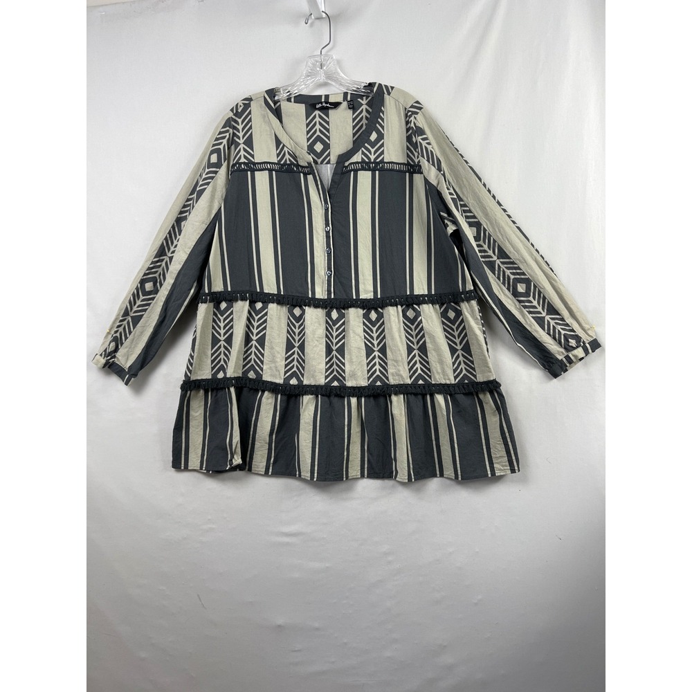 Ulla Popken Tunic Women 16/18 Gray Geometric Tiered Fringe Boho Southwest